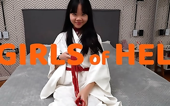 Enchanting Girl in White Kimono Ravishes with Erotic Romance