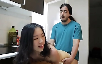 JAV Beauty's Kinky Romp with Foreign Studs in the Kitchen, No Condom, Big Dick