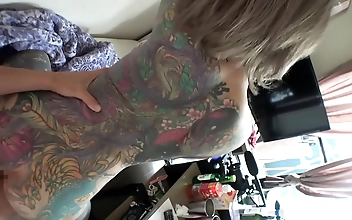 D-Cup Rin s Tattooed Body Turns Her On: Sucking Nipples Thick Dick Kiss & Horny Licking