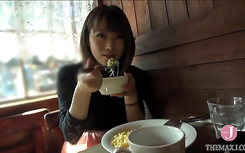 Japanese hottie rubs her luscious tits, sucks on her nipples, and licks them with her tongue till she moans huskily!