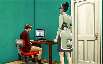JAV Stepmom Helps Her Step-Son Jerk Off Deliciously: Monstrous Sex on the Computer Screen!