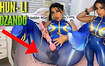 A Luscious Chun Li Cosplay Enchantress Going Wild with Her Htachi Vibrator - Cumming and Soaking Her Panties and Pants Ahegao